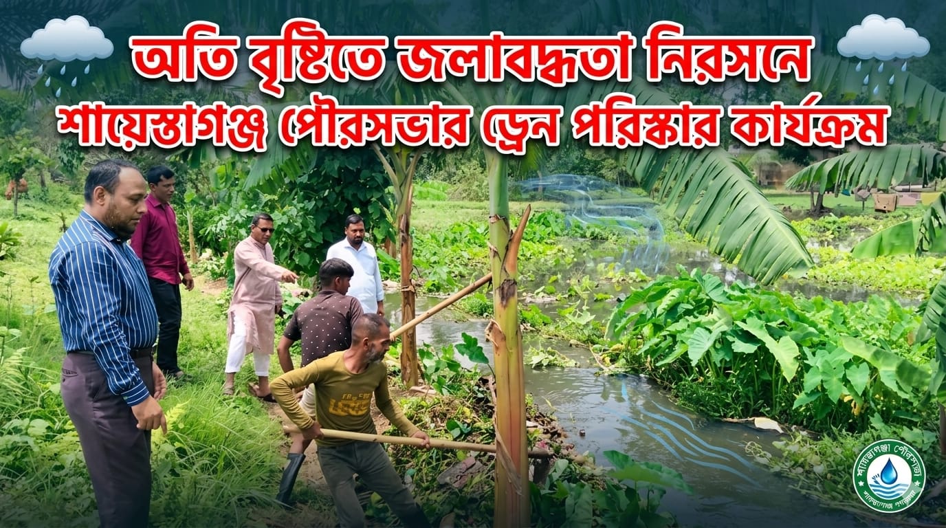 জলাবদ্ধতা নিরসনে শায়েস্তাগঞ্জ পৌরসভার ড্রেন পরিষ্কার কার্যক্রম