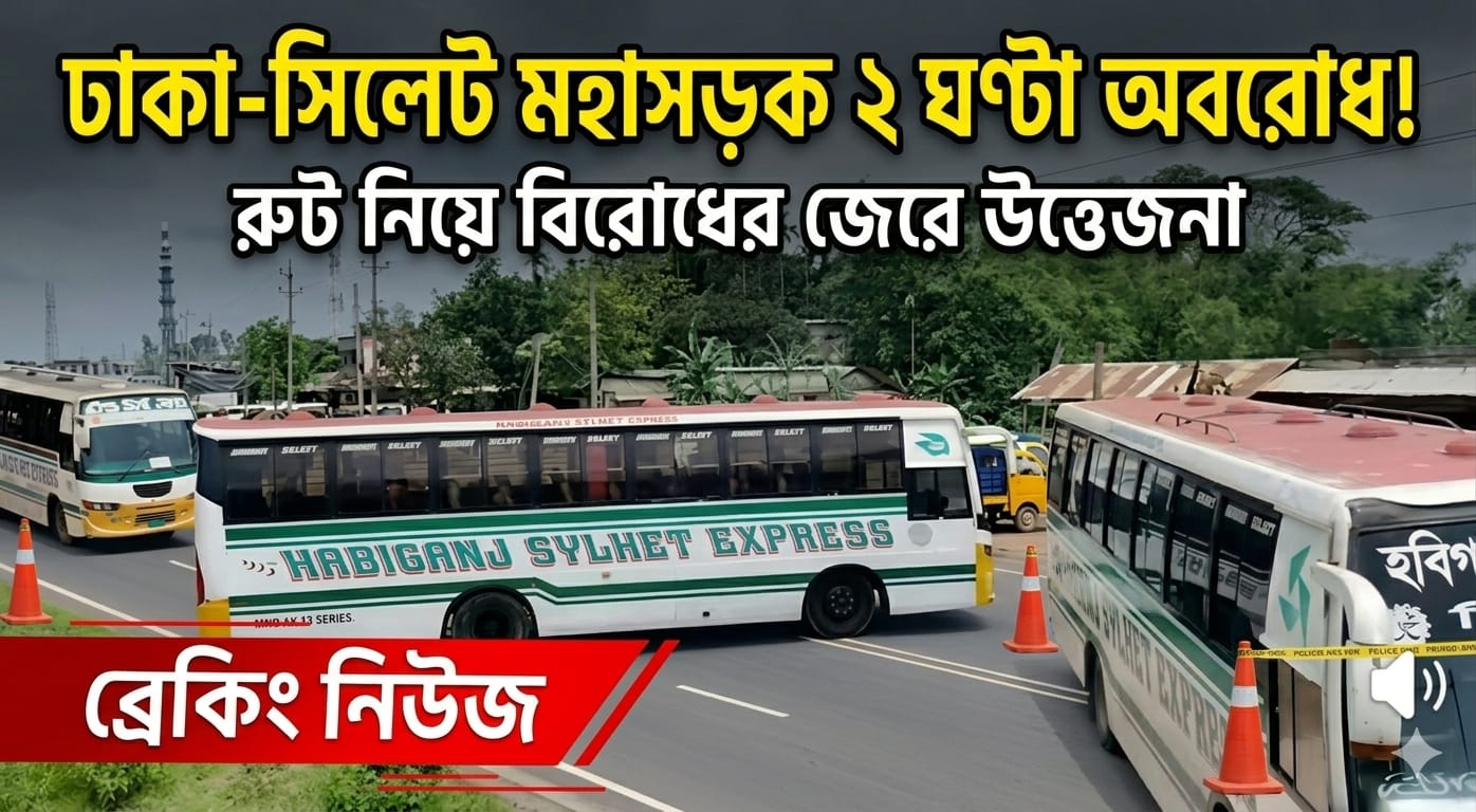 রুট বিরোধের জেরে ঢাকা-সিলেট মহাসড়ক দুই ঘণ্টা অবরোধ