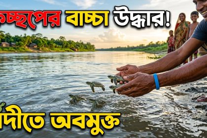 কচ্ছপের বাচ্চা উদ্ধারের পর নদীতে অবমুক্ত