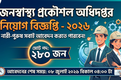 জনস্বাস্থ্য প্রকৌশল অধিদপ্তরে নিয়োগ বিজ্ঞপ্তি - ২০২৬ আবেদনের শেষ সময়: ০৮ জুলাই ২০২৬ বিকাল ০৪:০০ টা পর্যন্ত আবেদন করা যাবে। পদে মোট ২৮০ জনকে নিয়োগ দেবে। উক্ত পদ গুলোতে নারী-পুরুষ উভয়ই আবেদন করতে পারবেন। সুন্দর একটি থাম্বেল দিন