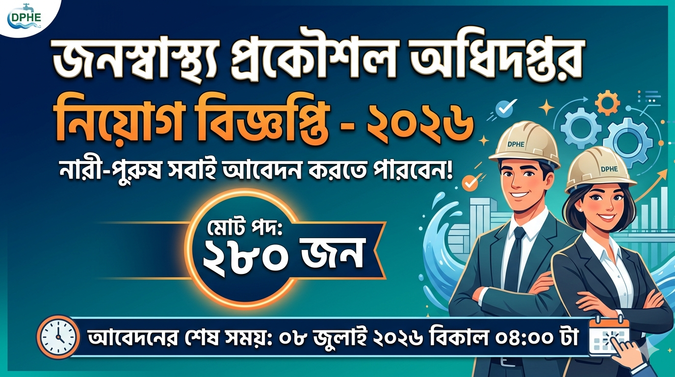 জনস্বাস্থ্য প্রকৌশল অধিদপ্তরে নিয়োগ বিজ্ঞপ্তি - ২০২৬ আবেদনের শেষ সময়: ০৮ জুলাই ২০২৬ বিকাল ০৪:০০ টা পর্যন্ত আবেদন করা যাবে। পদে মোট ২৮০ জনকে নিয়োগ দেবে। উক্ত পদ গুলোতে নারী-পুরুষ উভয়ই আবেদন করতে পারবেন। সুন্দর একটি থাম্বেল দিন