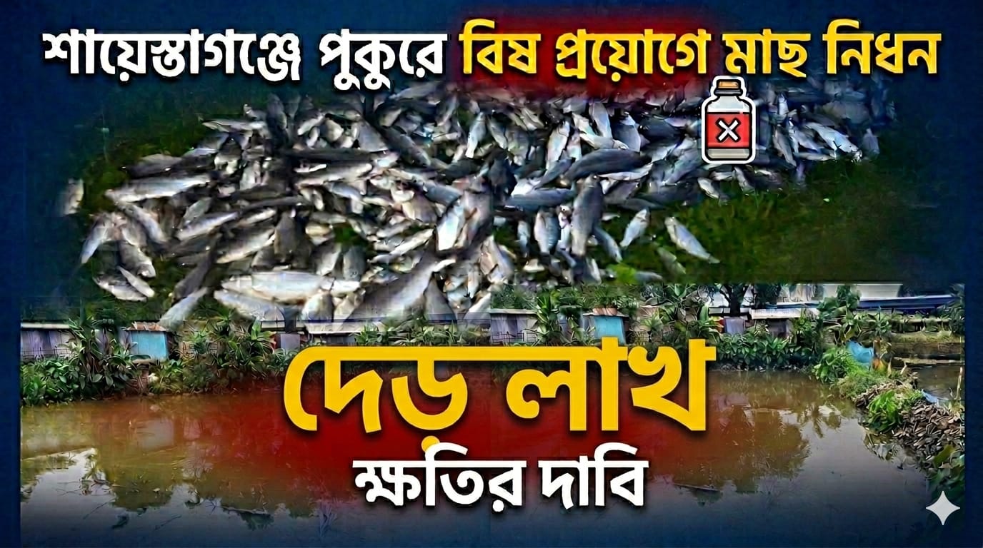 শায়েস্তাগঞ্জে পুকুরে বিষ প্রয়োগে মাছ নিধন