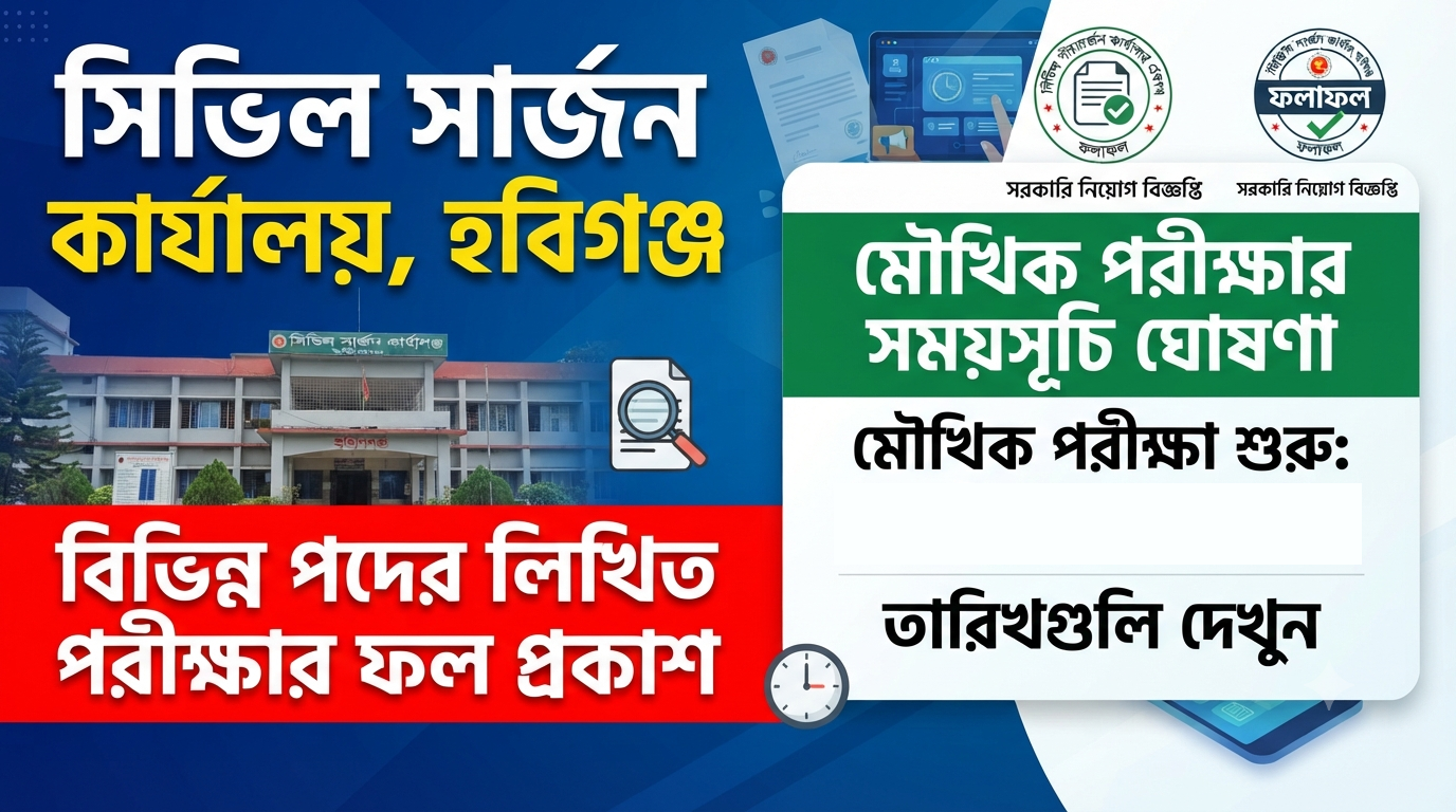 সিভিল সার্জন হবিগঞ্জের বিভিন্ন পদের লিখিত পরীক্ষার ফল প্রকাশ, মৌখিক পরীক্ষার সময়সূচি ঘোষণা