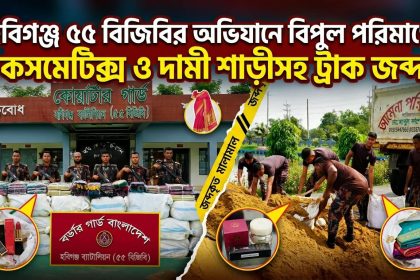 হবিগঞ্জ ৫৫ বিজিবির অভিযানে কসমেটিক্স ও শাড়ীসহ ট্রাক জব্দ