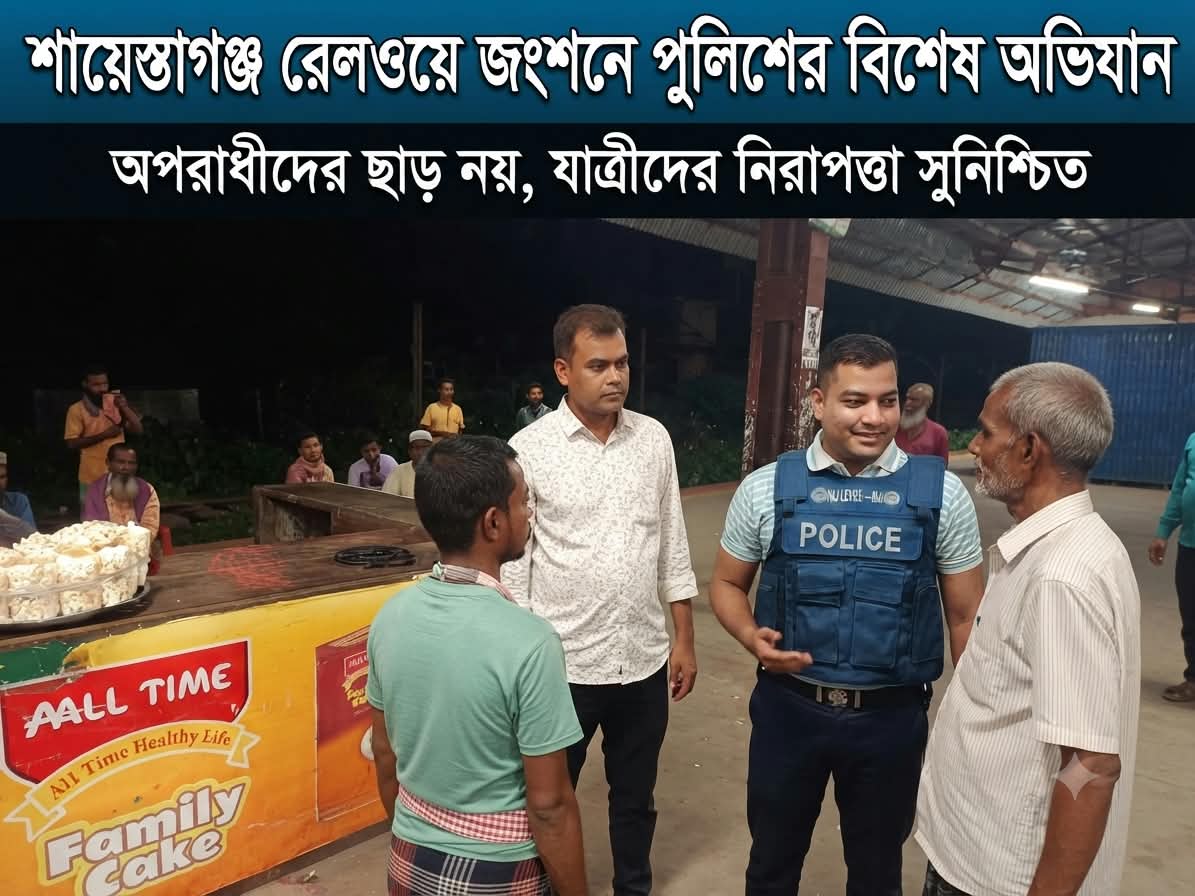 শায়েস্তাগঞ্জ রেলওয়ে জংশনে অপরাধ দমনে পুলিশের বিশেষ অভিযান