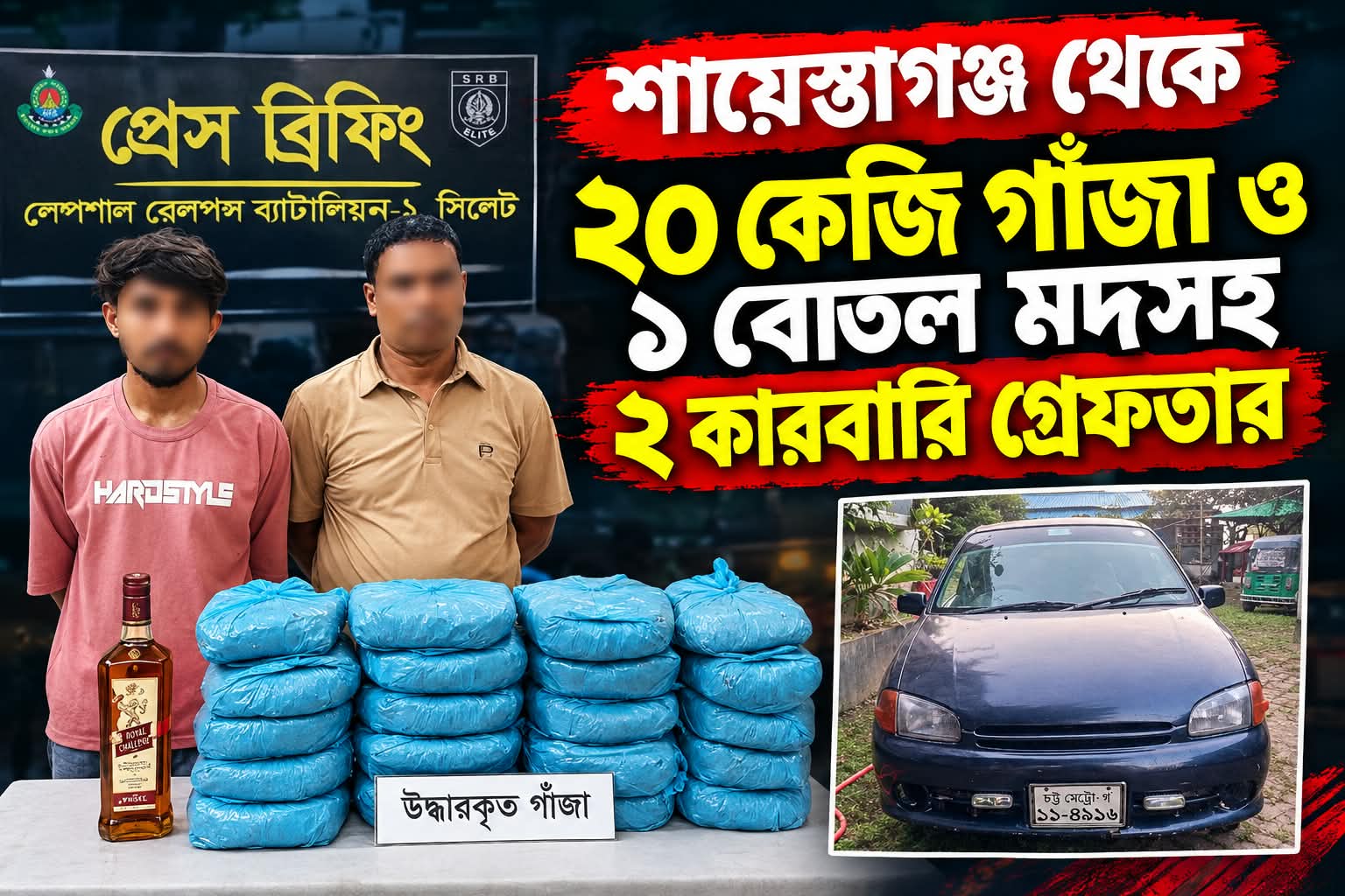২০ কেজি গাঁজা ও ১ বোতল মদসহ ২ কারবারি গ্রেফতার