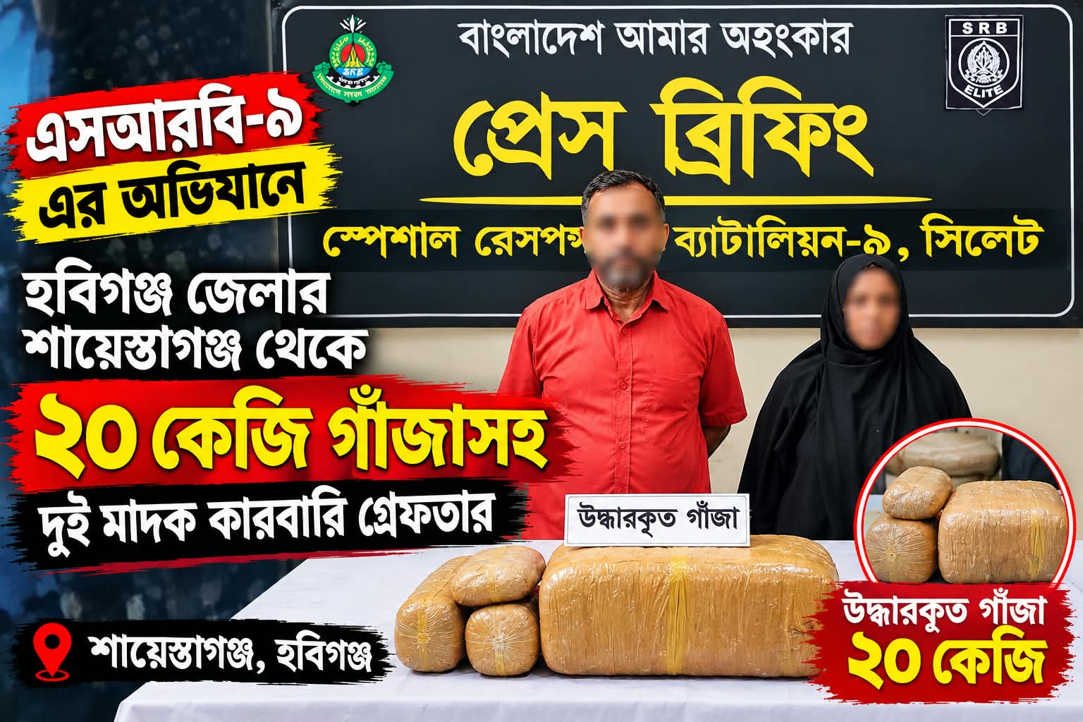 শায়েস্তাগঞ্জ থেকে ২০ কেজি গাঁজাসহ দুই মাদক কারবারি গ্রেফতার